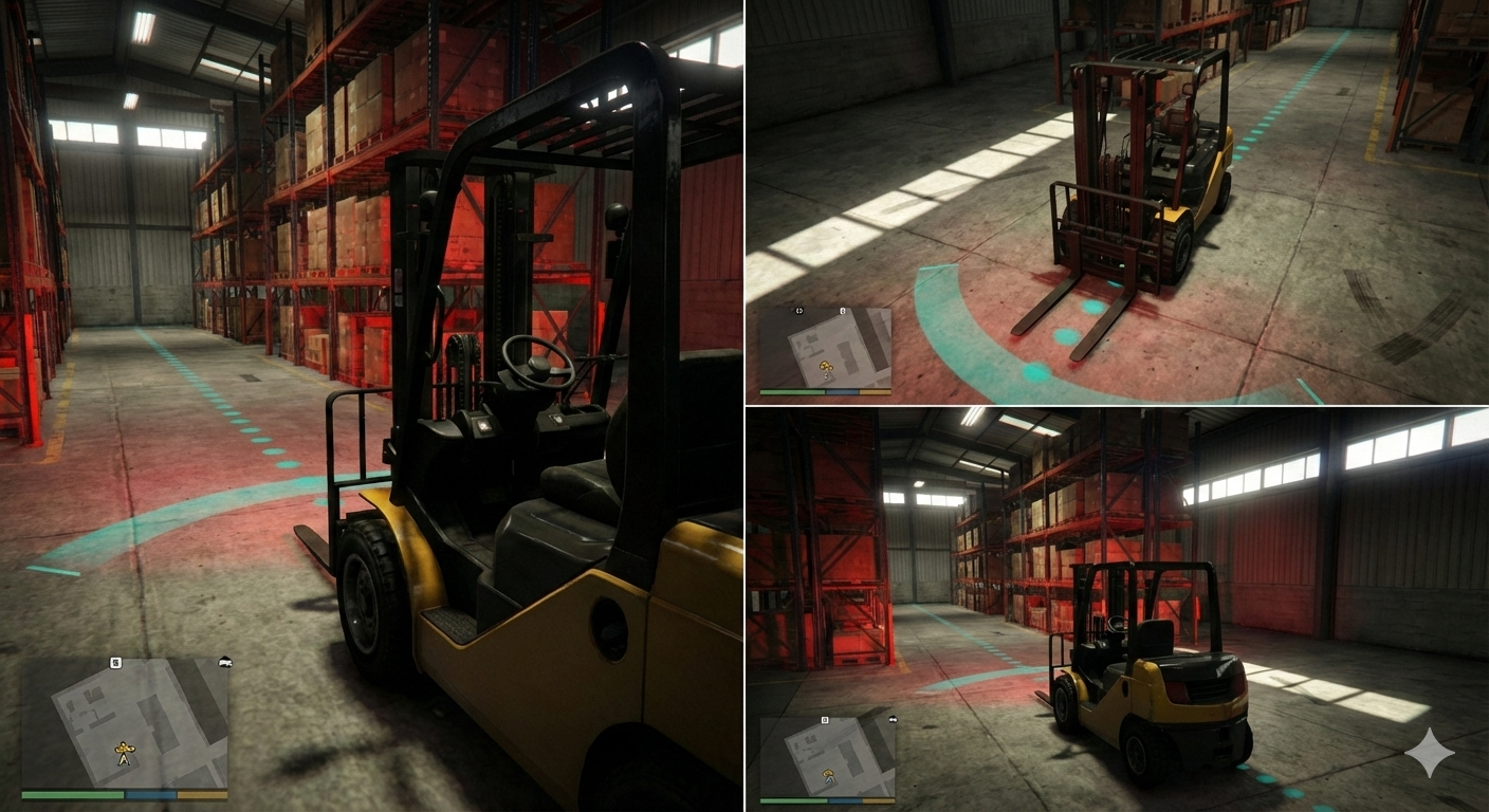 Composite forklift aisle view from multiple angles